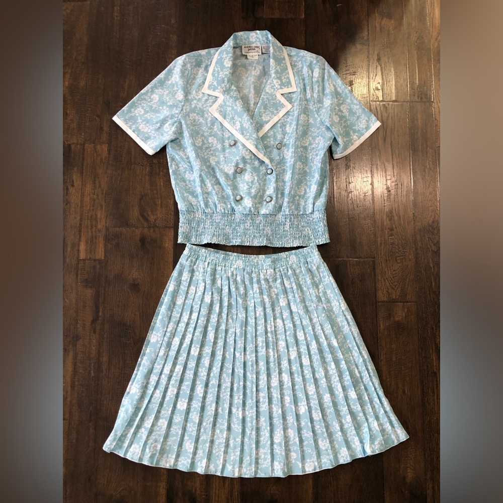 Vintage 80s Andrea Gayle Matching Skirt and Blouse Top Shirt Set Size 12 M Blue